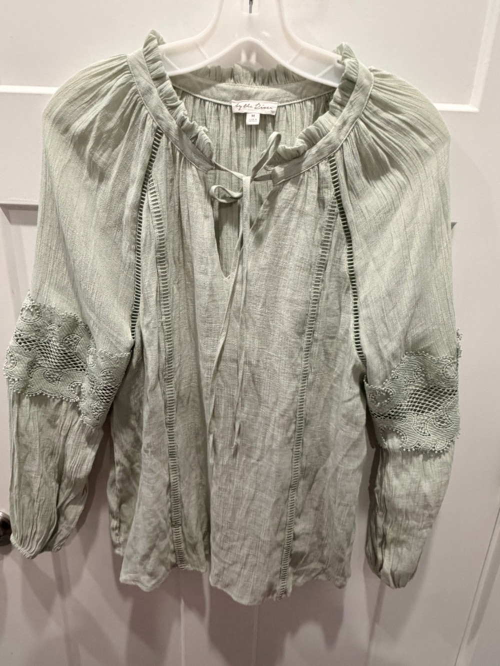 By The River Boho Peasant Blouse Medium Sage Green Lace Sleeve Tie Neck